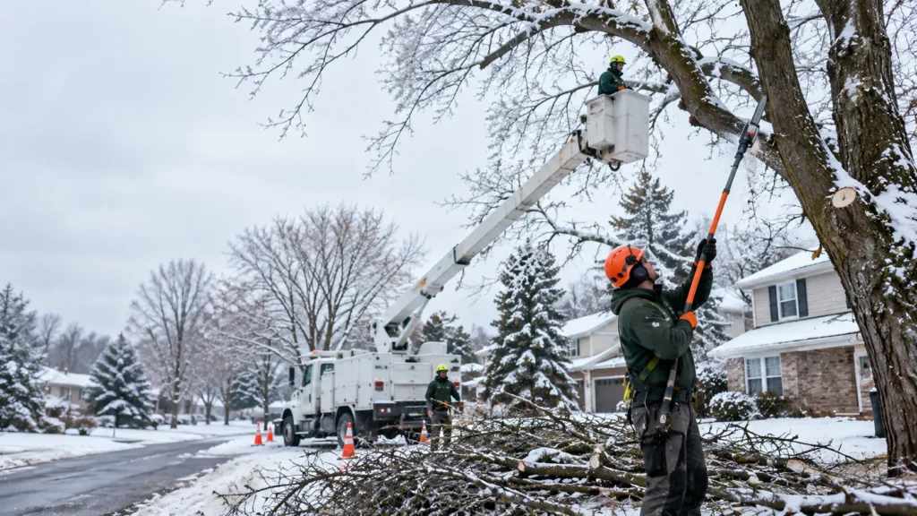 Professional tree service crew trimming snow-covered tree branches in Buffalo NY