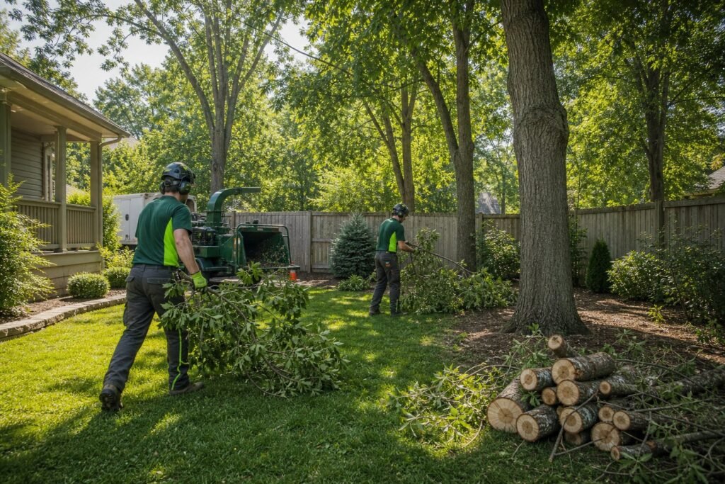 Crew completing a backyard tree cleanup with stacked logs