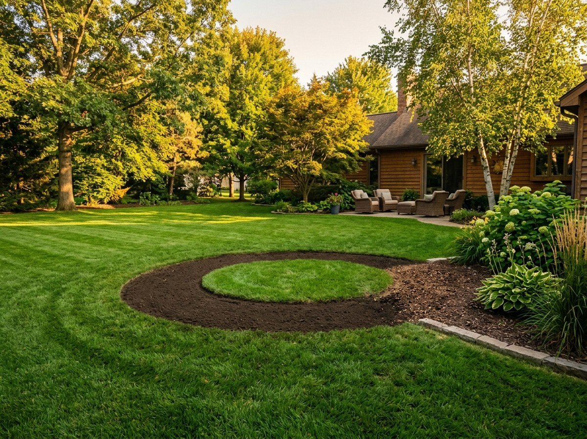 Freshly mulched tree ring and manicured yard after tree care
