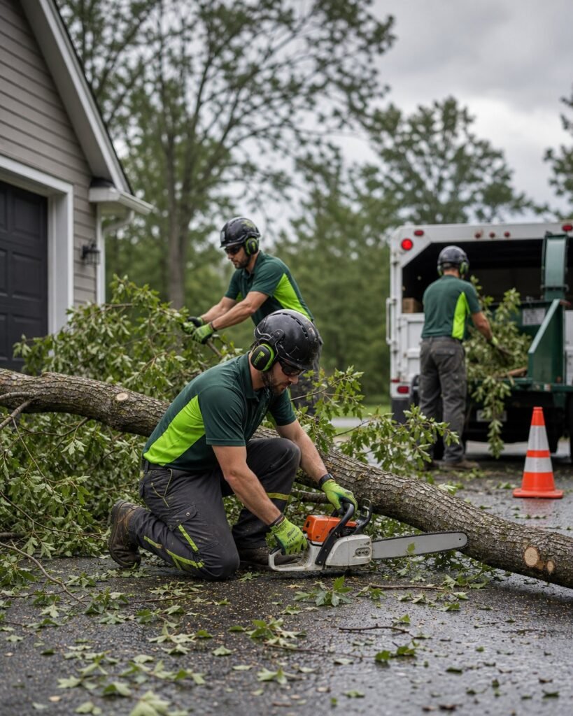Crew cutting up a fallen tree during emergency storm cleanup