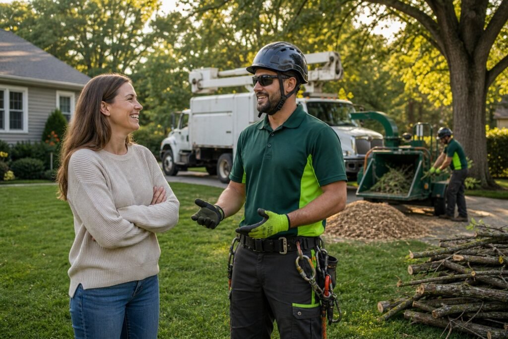 A satisfied Meta Tree Service customer after a completed job