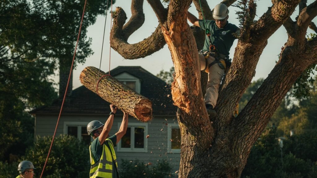 Climber lowering a heavy log section during a rigged tree removal