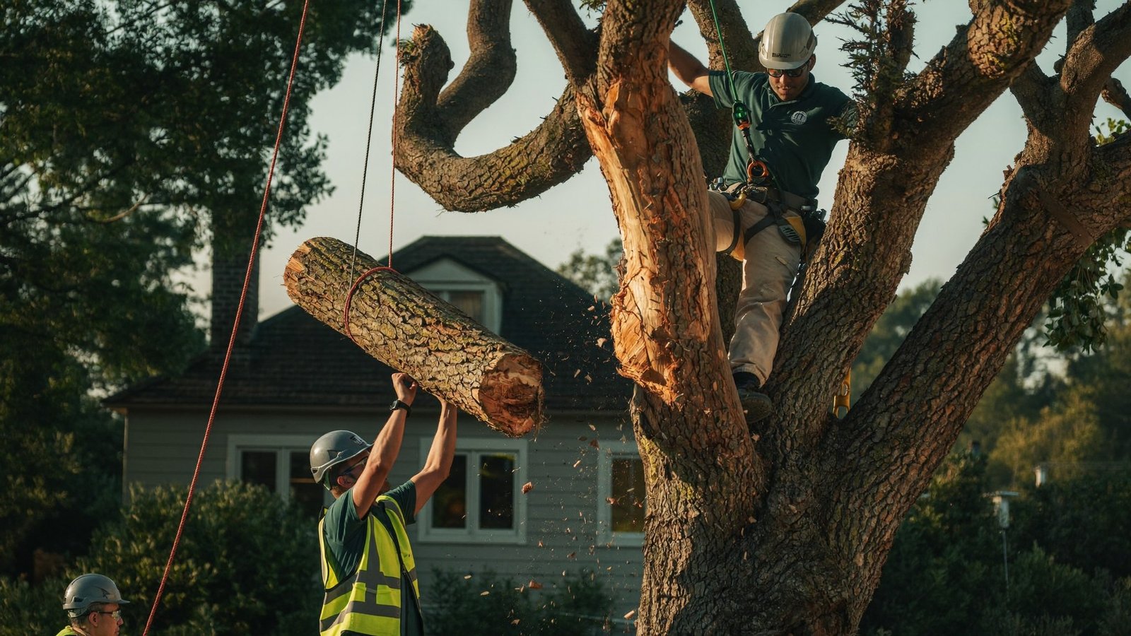 Climber lowering a heavy log section during a rigged tree removal