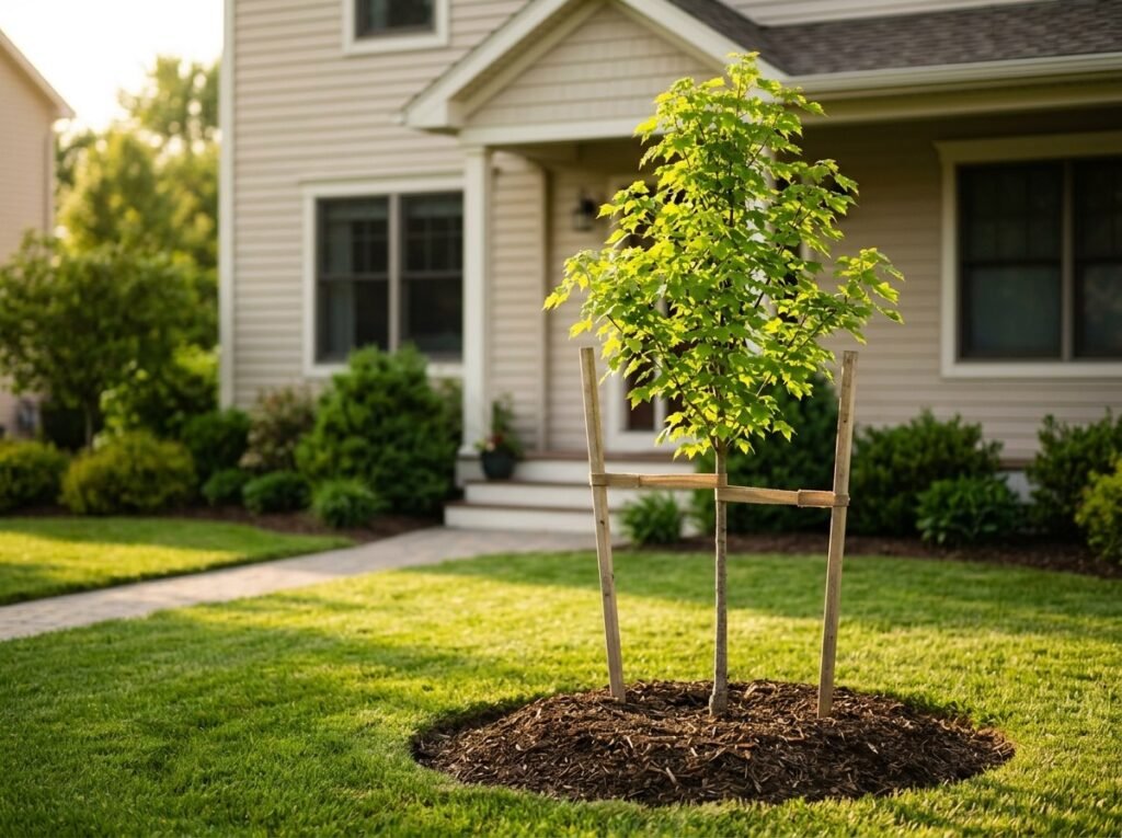 A newly planted and staked tree in a suburban front yard