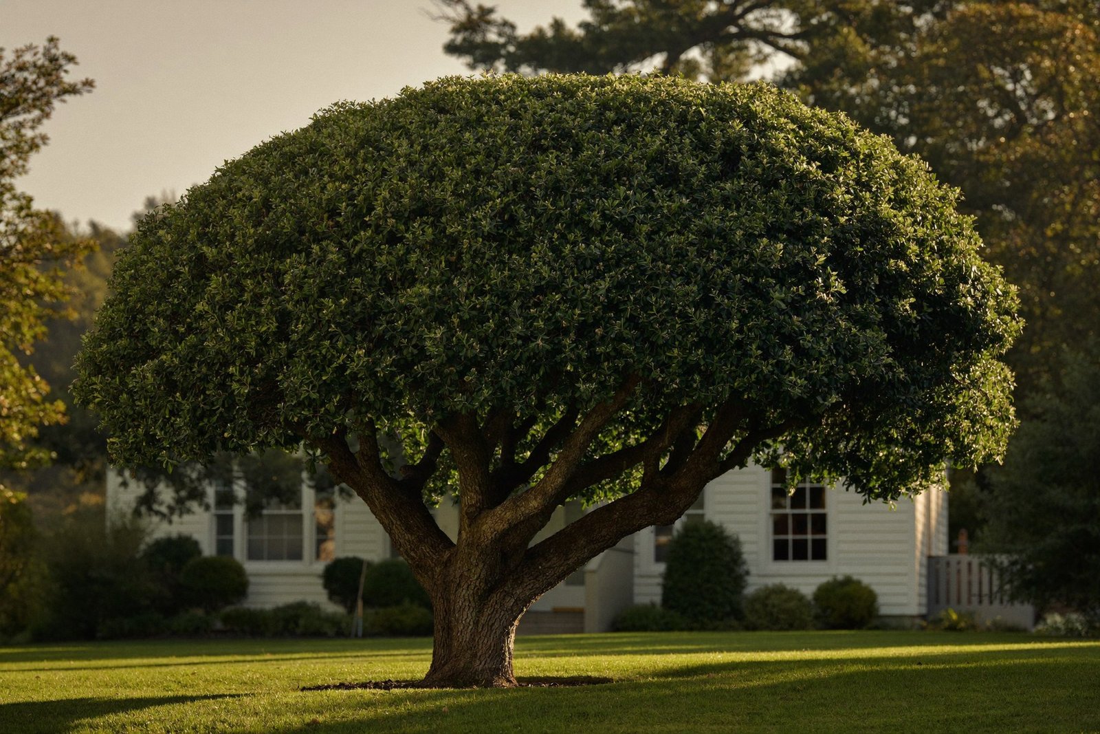 A professionally pruned and shaped tree in golden light