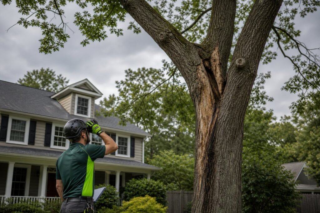 Arborist assessing a large, potentially hazardous tree