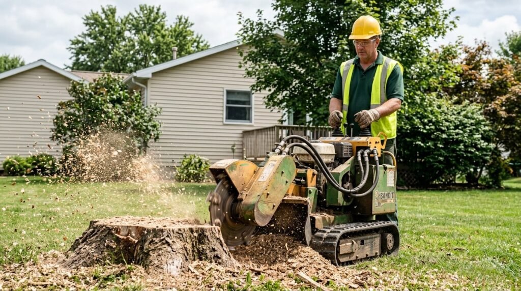 Meta Tree Service operator grinding a stump with a stump grinder