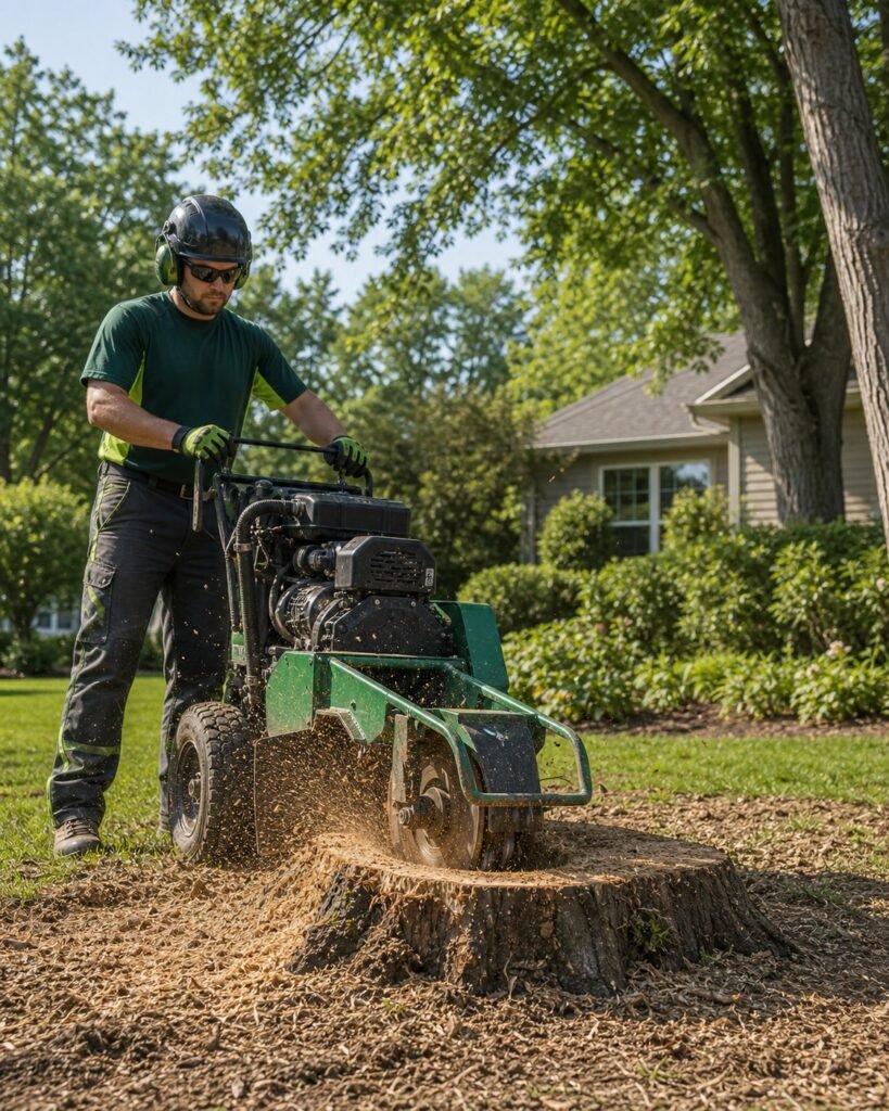 Operator grinding a tree stump with wood chips flying