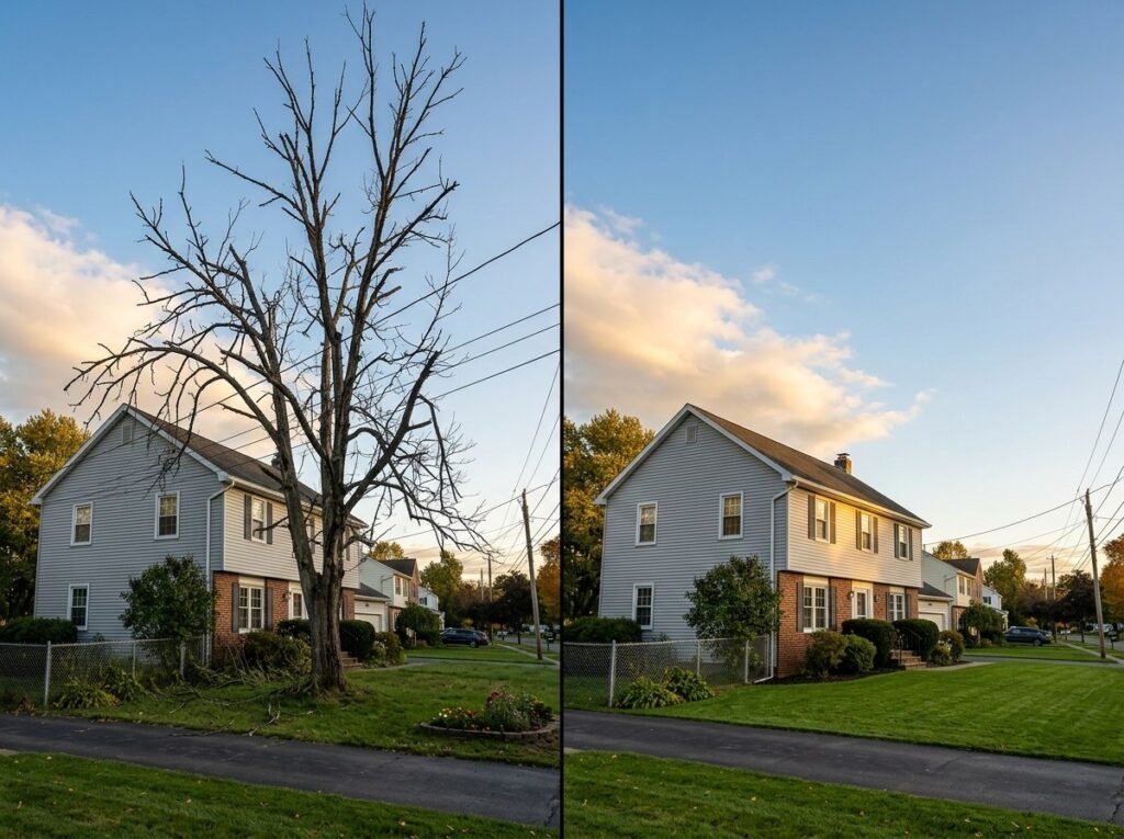 Before and after of a dead tree removed from a residential property