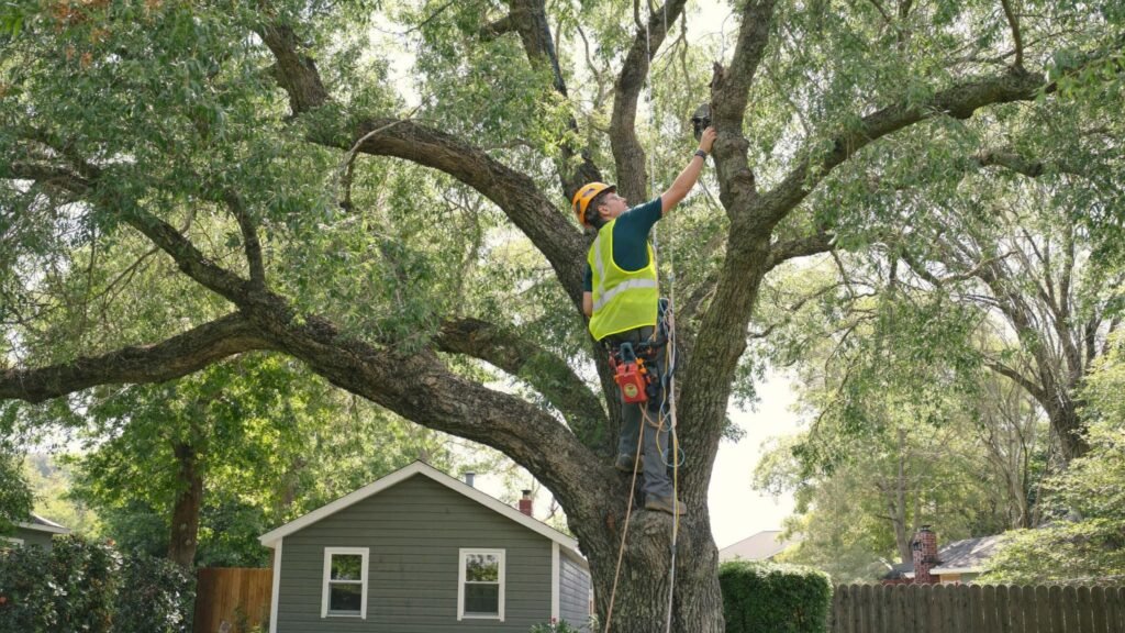 Meta Tree Service arborist climbing to remove a large tree in Western New York