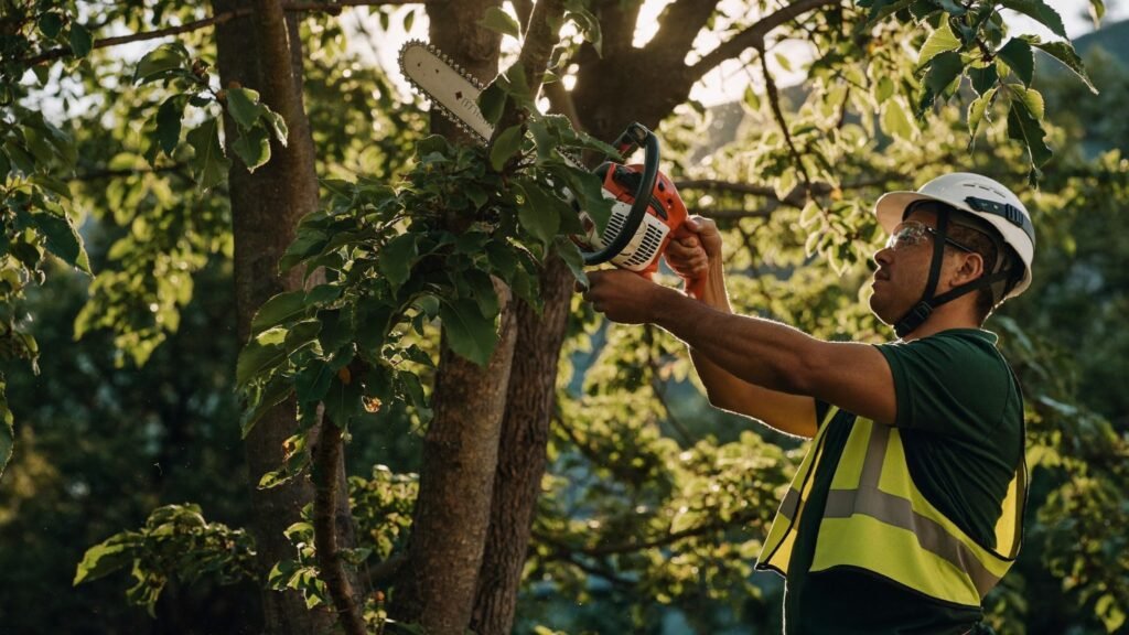 Arborist trimming a tree with a chainsaw