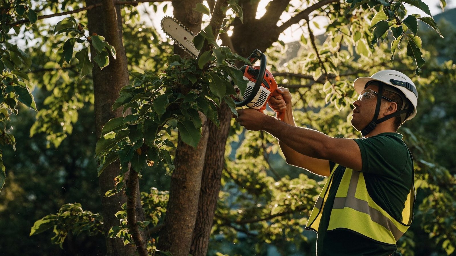 Arborist trimming a tree with a chainsaw