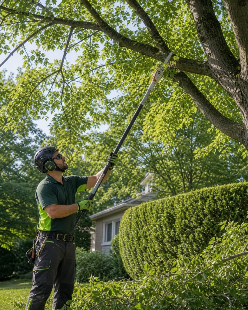 Arborist pruning a tree with a pole saw