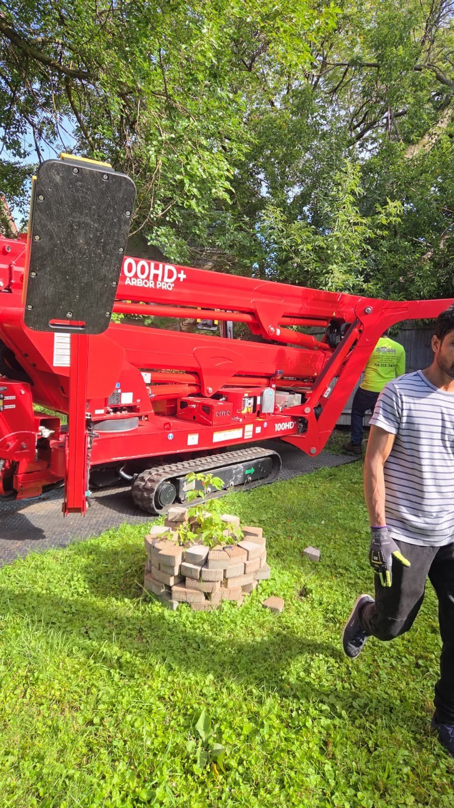 Tree removal crew beside a compact red bucket lift in a backyard